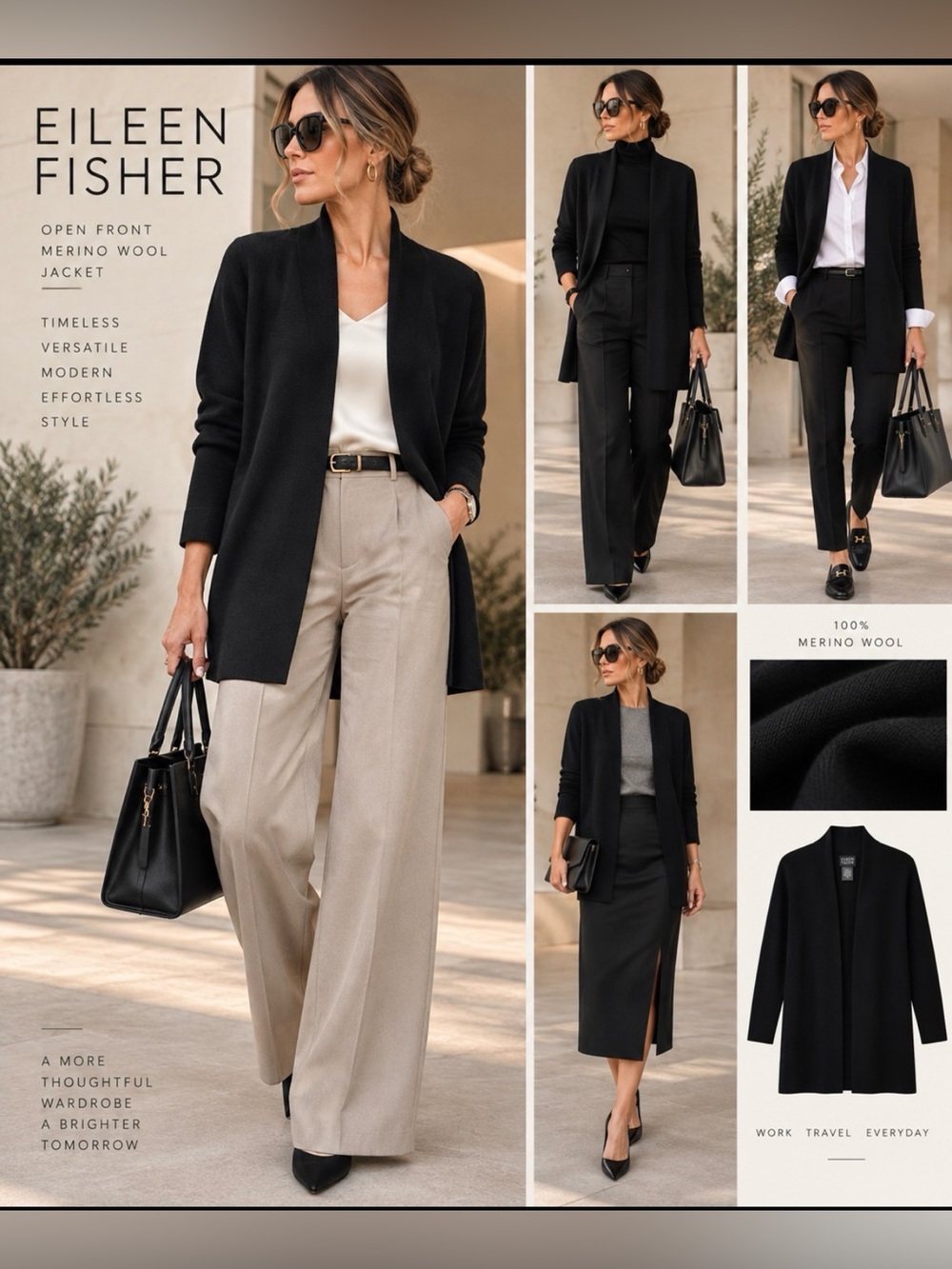 🔥EILEEN FISHER CLASSIC Black Open-Front Wool Cardigan Sz M PriceFirm!